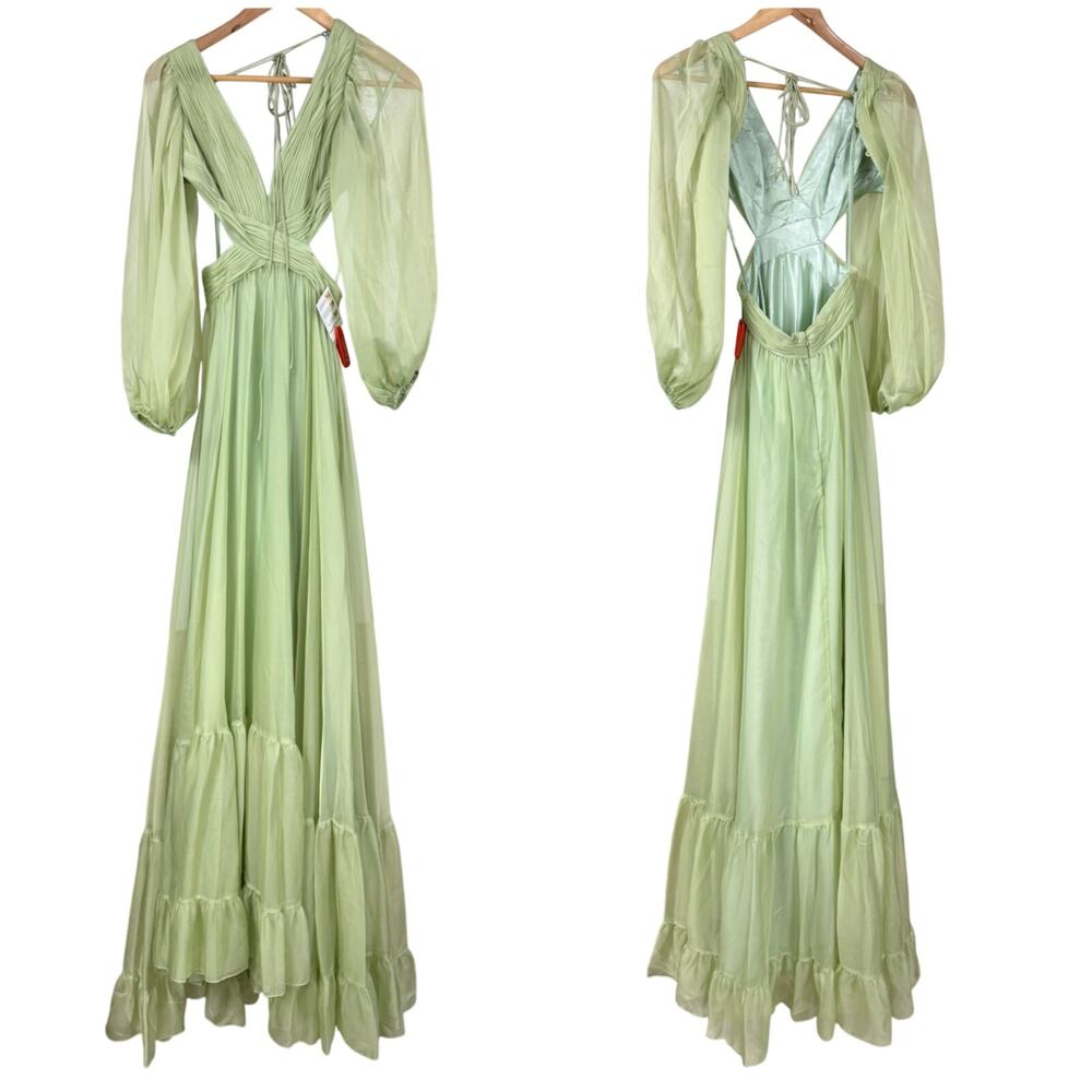 Mac Duggal NWT Sage Green Pleated Cut Out Long Sleeve Lace Up Tiered Gown Size 2 - Picture 3 of 9